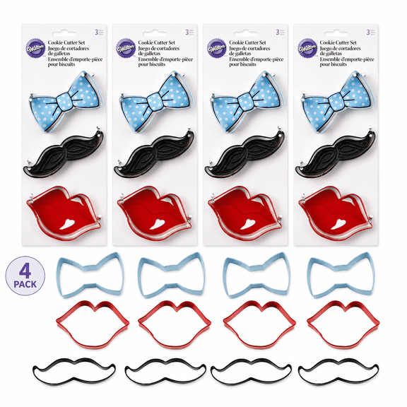 Wilton Cookie Cutter Set, Bow Tie Lips Mustache Shapes, 4 Pack, 12 Total Cutters
