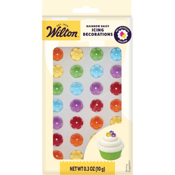 Wilton Mini Daisy Royal Icing Decorations, Rainbow, 0.3 oz