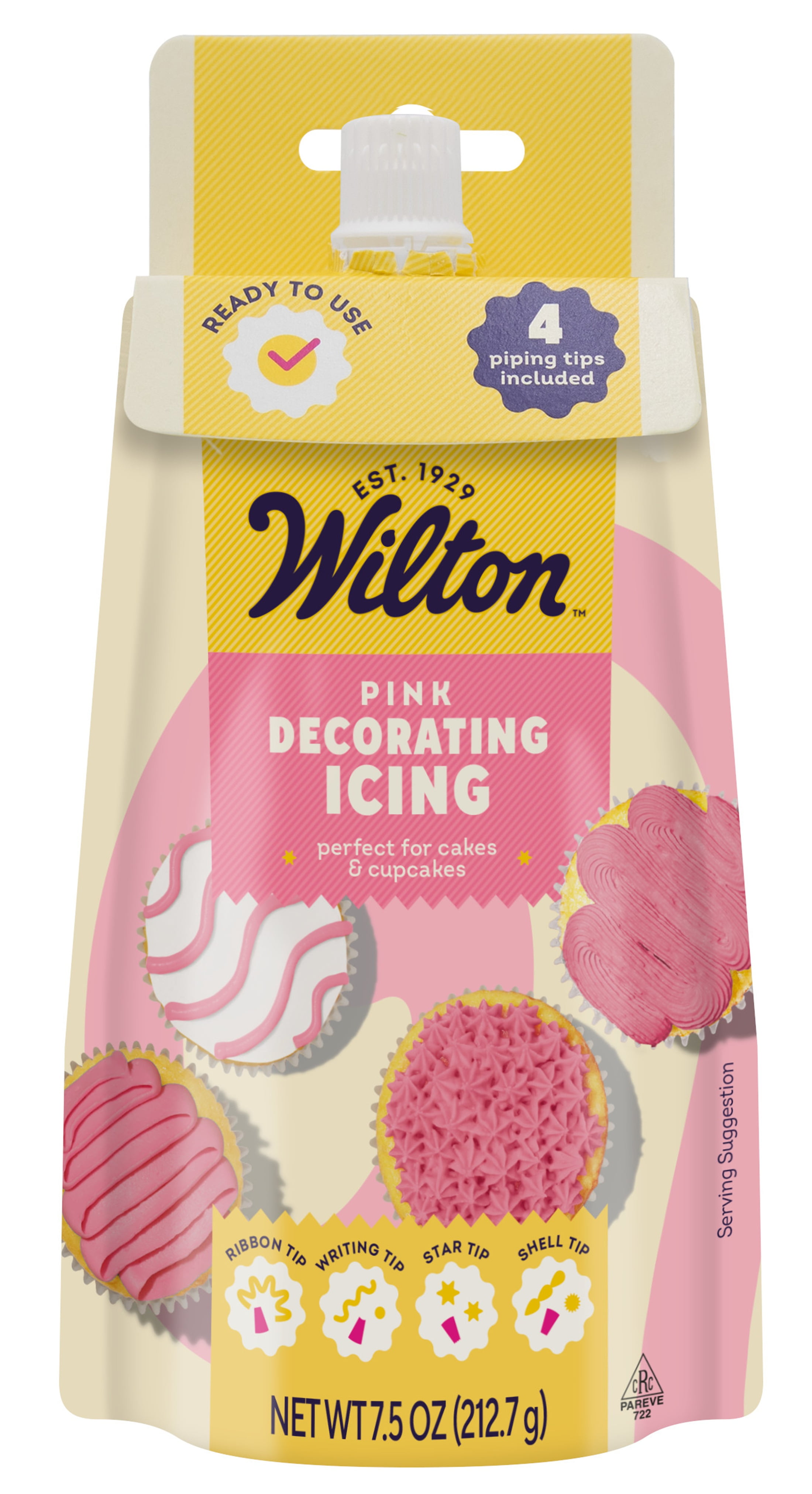 Wilton Pink Decorating Icing Pouch & 4 Piping Tips Vanilla-Flavored Medium Consistency 7.5 oz.