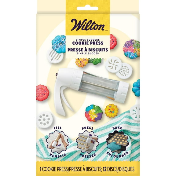 Wilton Simple Success Cookie Press with Ergonomic Handle & 12 Unique Discs