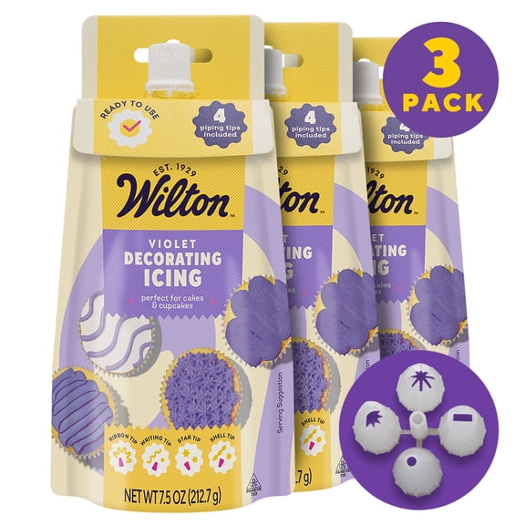 Wilton Violet Decorator Icing Pouch with 4 Piping Tips 7.5 oz Set of 3 Ready-to-Use Cake & Cookie Icing for Decorating