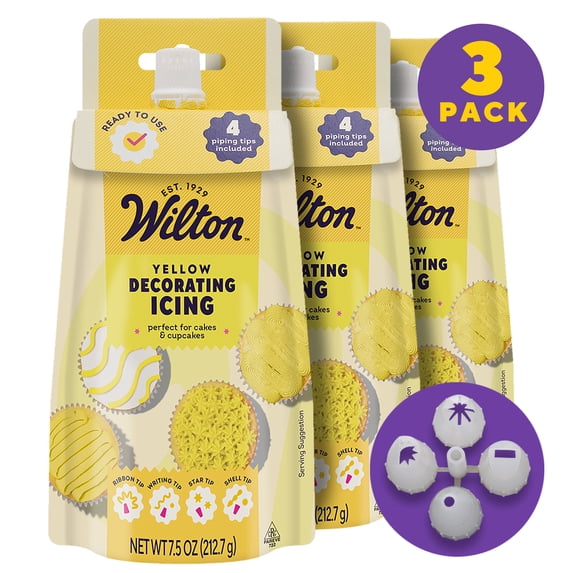 Wilton Yellow Decorator Icing Pouch with 4 Piping Tips 7.5 oz Set of 3 Ready-to-Use Cake & Cookie Icing for Decorating