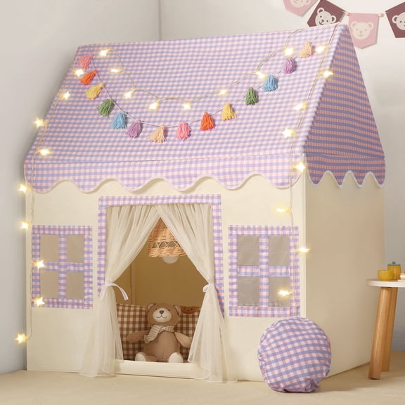 Wilwolfer Kids Play Tent Indoor: Pink-Purple Checkered, Mat, Rainbow Tissue Garland, Star Lights – Toddlers Kids Toys for Boy Girl Birthday Gift