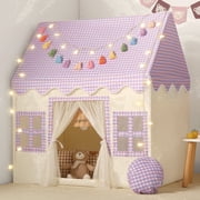Wilwolfer Fairy Tale Cottage Kids Play Tent, Pink Purple Checkered Indoor Playhouse with Mat and Rainbow Garland, Toddler Gift