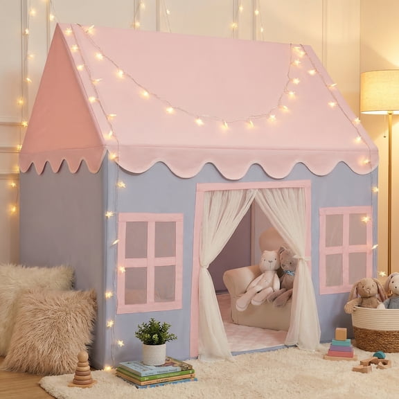 Wilwolfer Kids Play Tent Toys for 3-12 Years Girls Boys, Baby Playhouse with Star Lights & Carpet Indoor Outdoor (Pink & Gray)