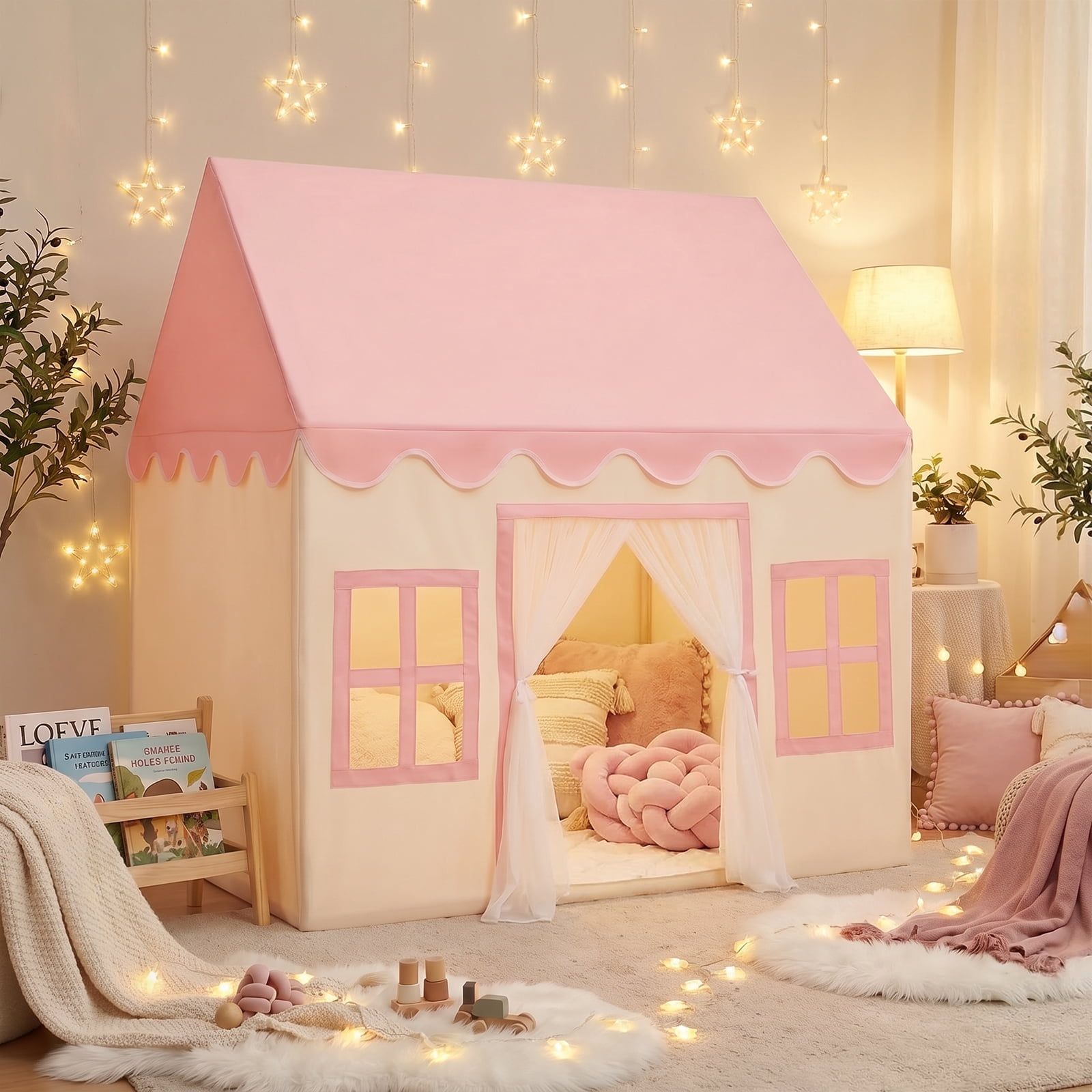 Wilwolfer Kids Play Tent Toys for 3-12 Years Toddlers Girls Playhouse with Star Lights & Mat Indoor Outdoor (Pink & Yellow)