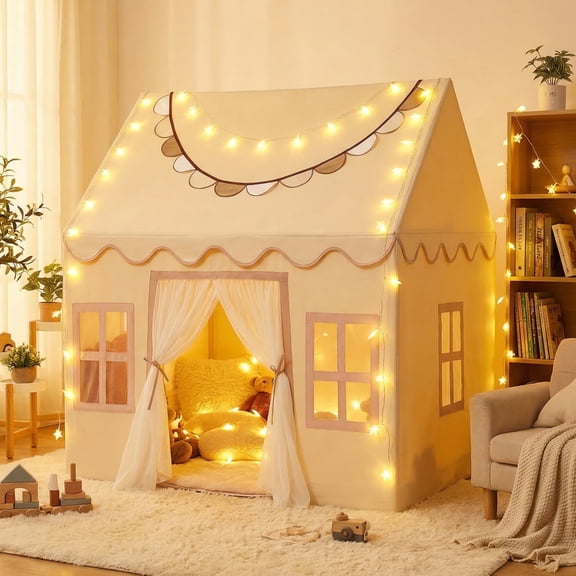 Wilwolfer Kids Play Tent for Toddlers with Padded Mat & Star Light Golden Indoor Playhouse