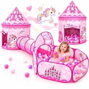 Wilwolfer Princess Castle Kids Tunnel Tent with Baby Ball Pit for Girls and Toddlers, Indoor Outdoor Polyester Play Tent, Pink
