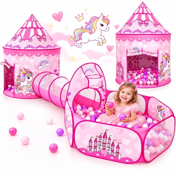 Wilwolfer Princess Castle Kids Tunnel Tent with Baby Ball Pit for Girls and Toddlers, Indoor Outdoor Polyester Play Tent, Pink