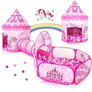 Wilwolfer Princess Castle Kids Tunnel Tent with Baby Ball Pit for Girls and Toddlers, Indoor Outdoor Polyester Play Tent, Pink