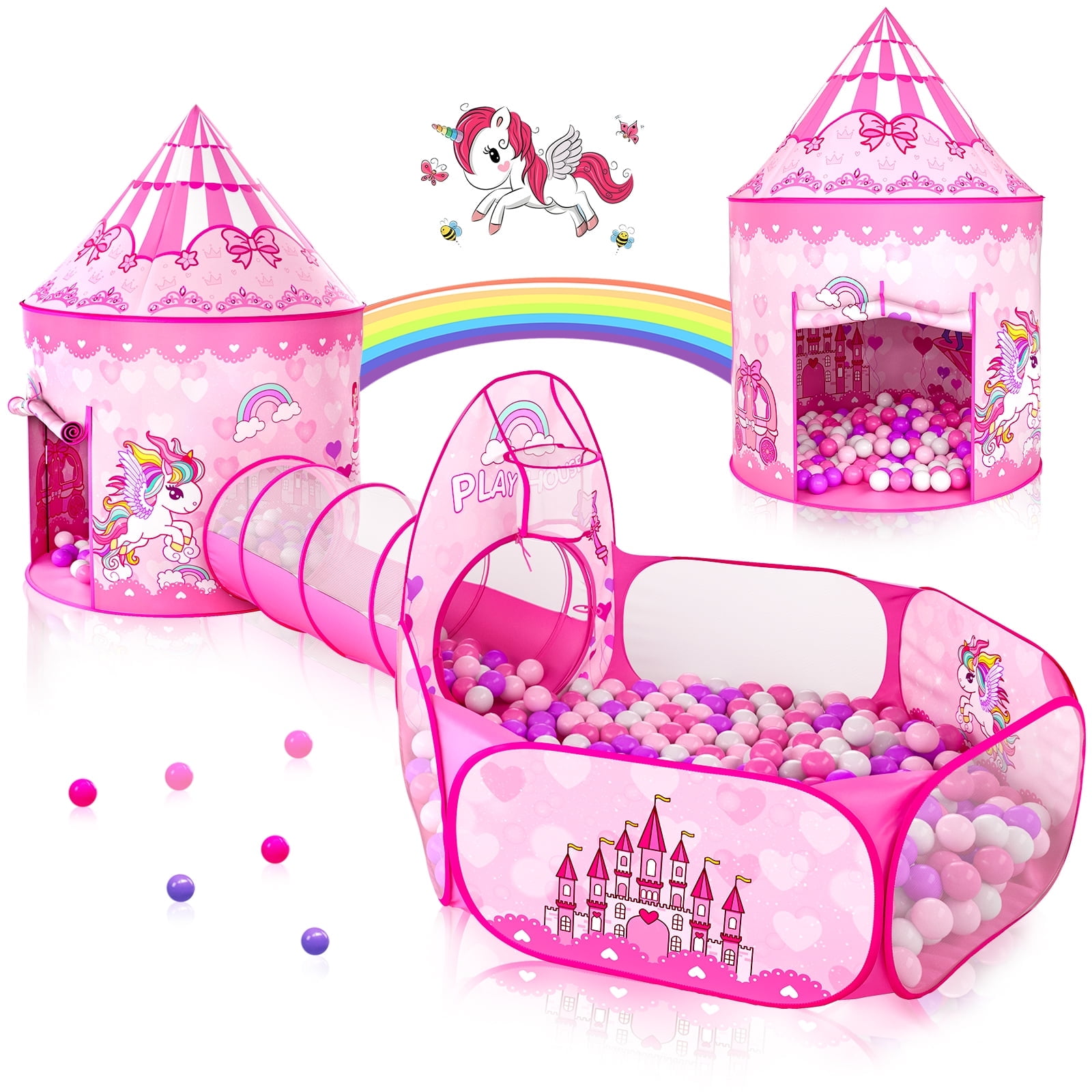 Wilwolfer Kids Tunnel Tent for Girls with Baby Ball Pit for Toddlers Indoor Outdoor Polyester Toys(Pink)
