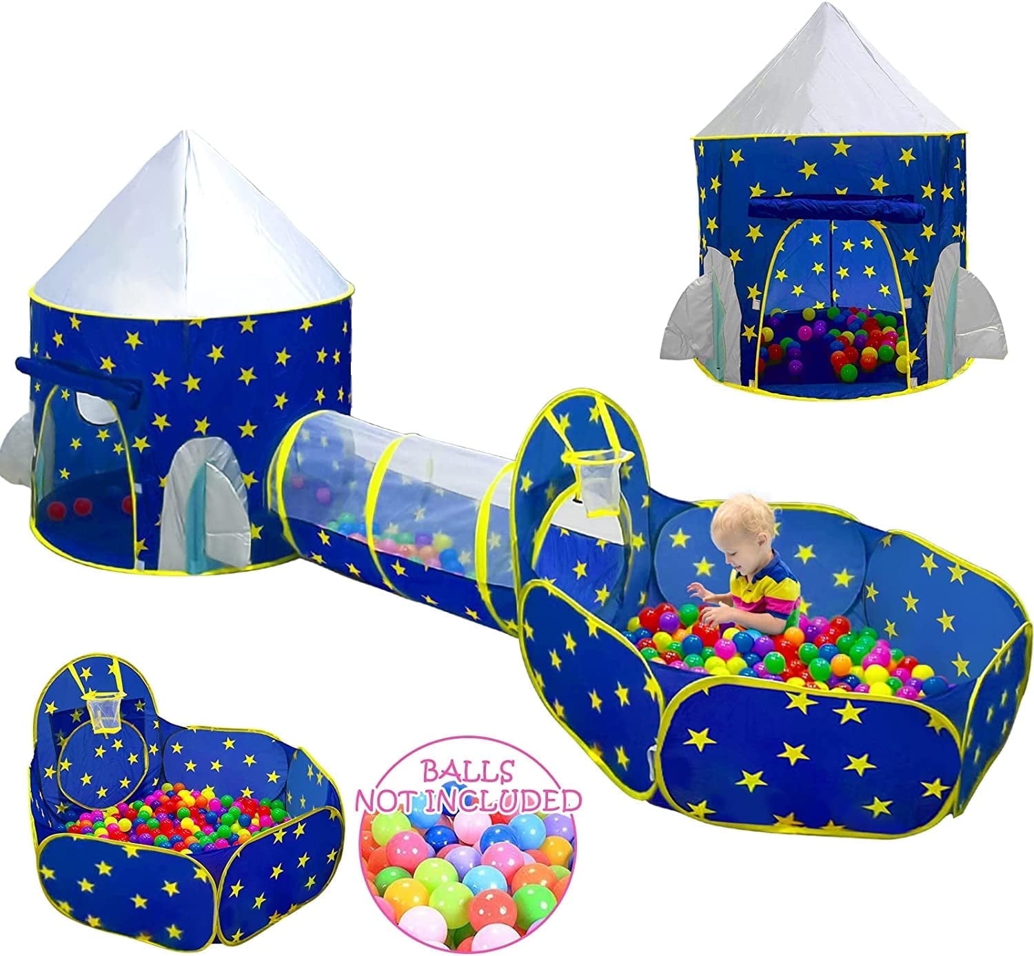 Wilwolfer Spaceship 3pc Toddler Pop up Kids Play Tent with Tunnel and Ball Pit for 3/6 Years Kids Boys Babys Indoor