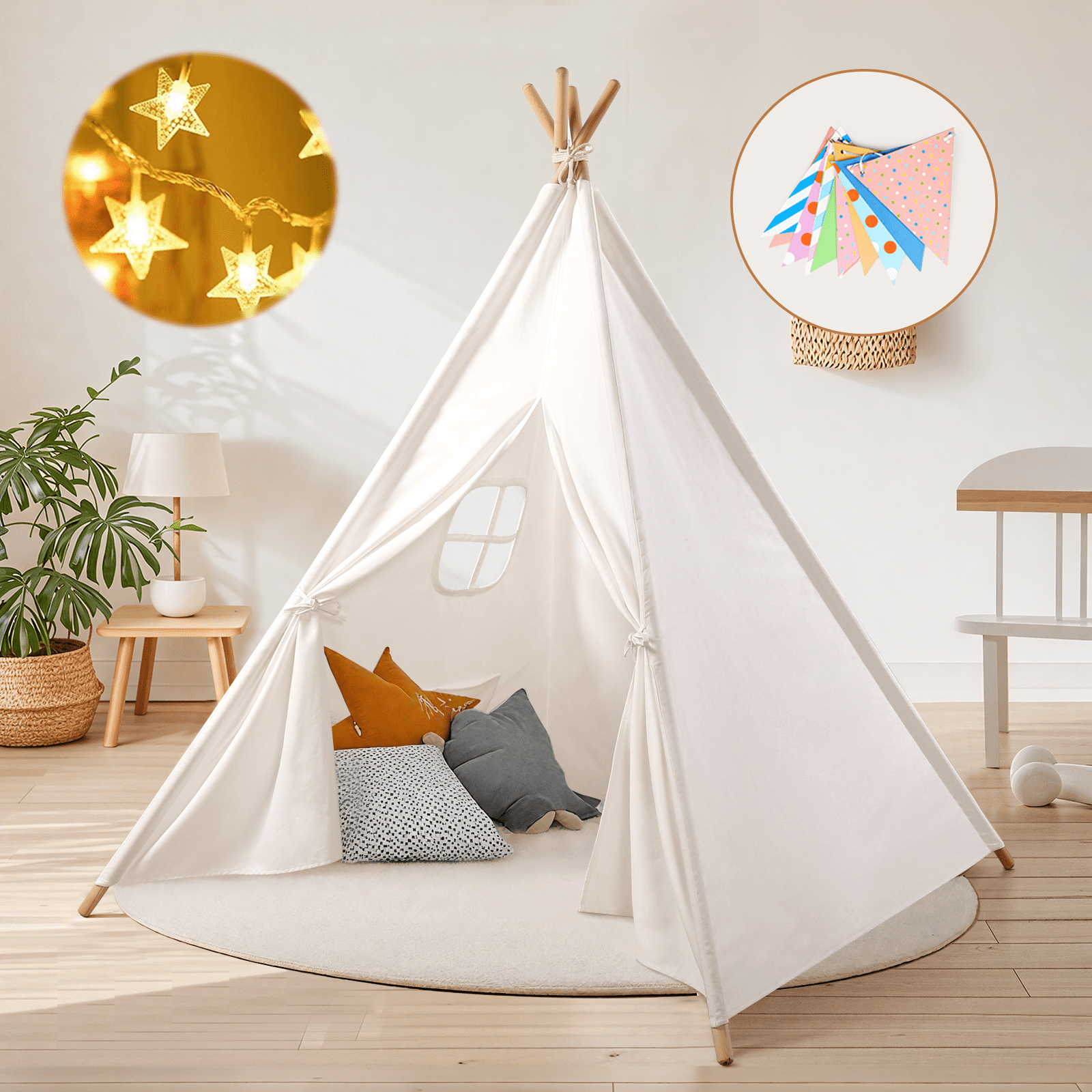 Wilwolfer Teepee Tent for Kids 3-10 Years Toddlers Indoor Outdoor White Canvas Playhosue