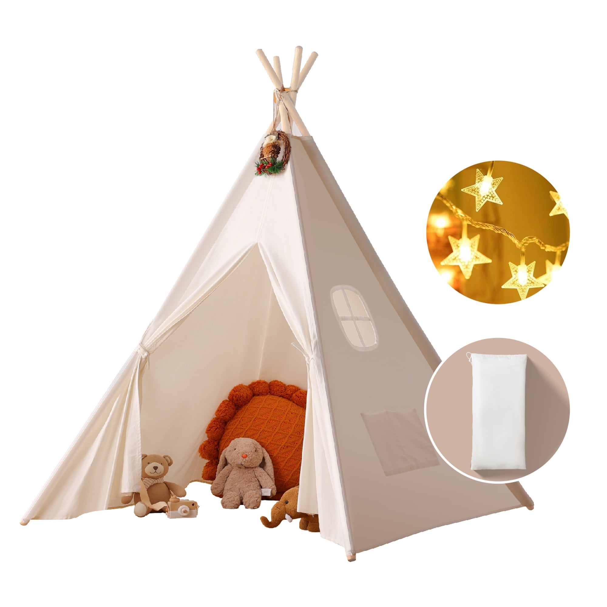 Natural Canvas Teepee Tent with Star Lights for Kids