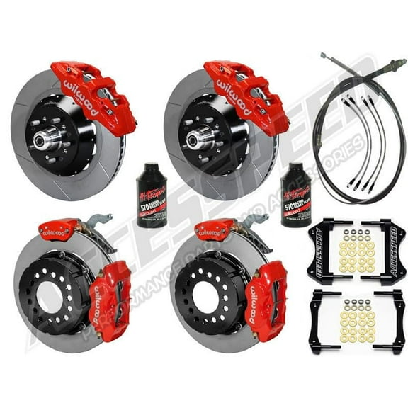 Wilwood AERO6 15" Front & FDL 12" Big Brake Combo with Brake Lines Parking Brake Cable & Fluid, Red, Slotted, Fits 1967-1969 Camaro & Firebird 12-Bolt with C-Clip Eliminator 2.91" Offset Rear-Mount