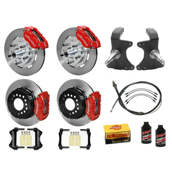 Wilwood DPR 12" Front & FDL 12" Rear Big Brake Kit Combo Package With 2" Drop Spindle P-Brake Cable Brake Lines & Fluid Red Calipers Fits 1964-1974 GM A/F/X Body Olds/Pontiac Rear End w/2.81" Offset