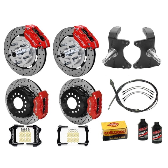 Wilwood DPR 12" Front & FDL 12" Rear Big Brake Kit Combo Package With 2" Drop Spindle P-Brake Cable Brake Lines & Fluid Red Drilled Fits 1964-1974 GM A/F/X Body 12 Bolt C-Clip Eliminator Rear W/2.91