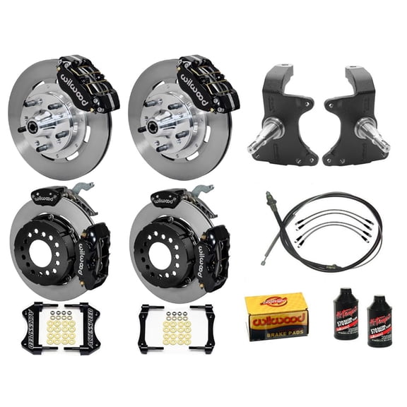 Wilwood DPR 12" Front & FDL 12" Rear Big Brake Kit Combo With 2" Drop Spindle PB-Cable Brake Lines & Fluid Black Calipers Fits 1964-1974 GM A/F/X Body 12 Bolt C-Clip Eliminator 2.91" Offset Staggered