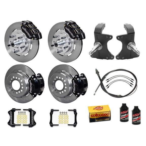Wilwood Dynapro 12" Front & D154 12" Rear Big Brake Combo With 2" Drop Spindle PB-Cable Brake Lines & Fluid Black Calipers Fits 1964-1974 GM A/F/X Body 12 Bolt with C-Clip 2.75"/2.81" Offset-Mount