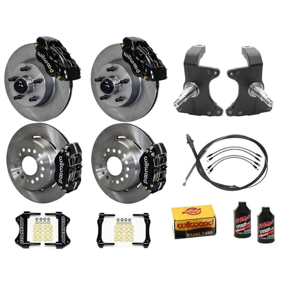 Wilwood FDL Front & DPR Rear 11" Big Brake Kit Combo With 2" Drop Spindle PB-Cable Brake Lines & Fluid Black Calipers Fits 1964-1974 GM A/F/X Body 12 Bolt w/C-Clips 2.75/2.81" Offset Staggered-Mount