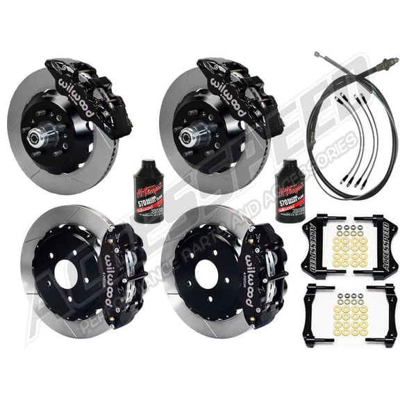 Wilwood Front & Rear Big Brake Kit SL6R-DS 14" Front Hub Kit SL4R 13" Rear Kit with Brake Lines PB-Cable & Fluid, Black, Slotted Fits 1967-1969 F-Body 12-Bolt W/Clips 2.81" Offset & Staggered