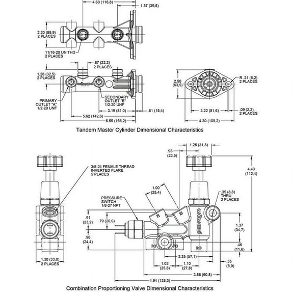 Wilwood Remote Tandem M/C Kit w/Brkt and Valve - 1in Bore Burnished