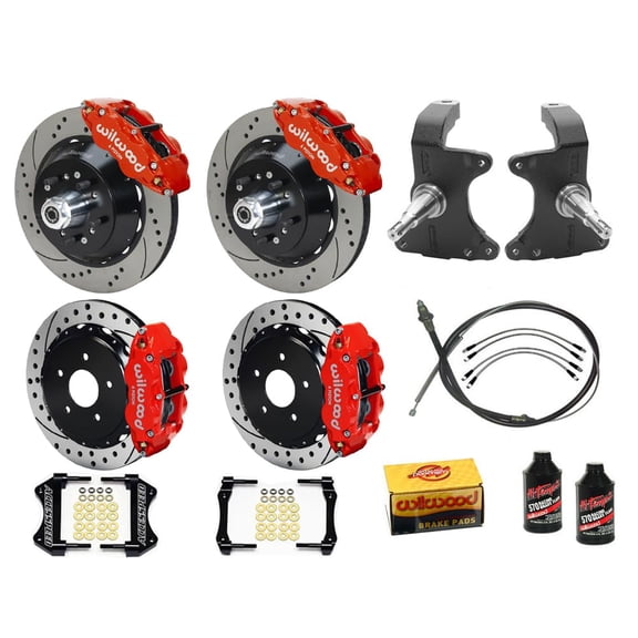 Wilwood SL6R 13" Front & SL4R 13" Rear Superlite Big Brake Combo With 2" Drop Spindle PB-Cable Brake Lines & Fluid Drilled Red For 1964-1974 GM A/F/X Body 12 Bolt W/OE C-Clips 2.75" Offset Stagger