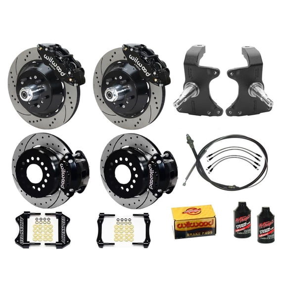 Wilwood SL6R 13" Front Slotted & D154 12" Rear Big Brake Kit Combo With 2" Drop Spindle Brake Lines & Fluid Black Drilled Fits 1964-1974 GM A/F/X Body 12 Bolt 2.75/2.81" Offset Front-Mount Shocks
