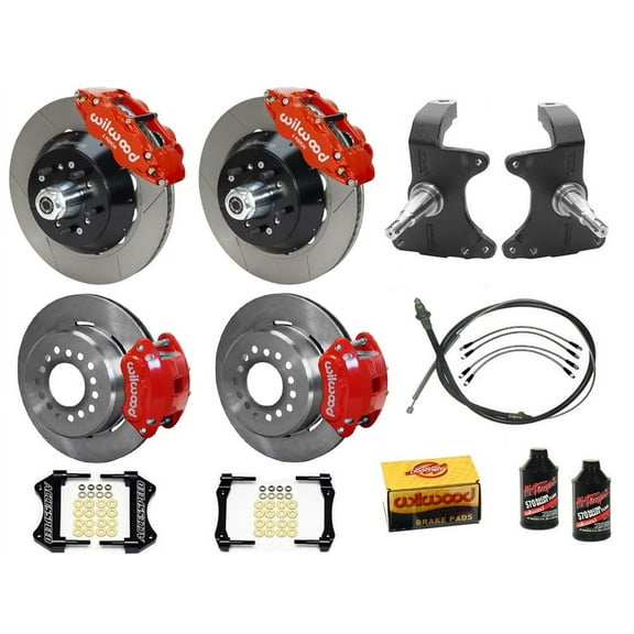 Wilwood SL6R 14" Front & D154 12" Rear Big Brake Kit Combo With 2" Drop Spindle PB-Cable Brake Lines & Fluid Red Fits 1964-1974 GM A/F/X Body With 12 Bolt W/C-Clips 2.75/2.81" Offset Staggered-Mount