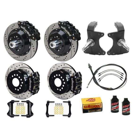 Wilwood SL6R 14" Front & DPR 11" Rear Big Brake Combo With 2" Drop Spindle PB-Cable Brake Lines & Fluid Black Drilled For 1964-1974 GM A/F/X Body 12 Bolt w/C-Clips 2.75/2.81" Offset Staggered Mount