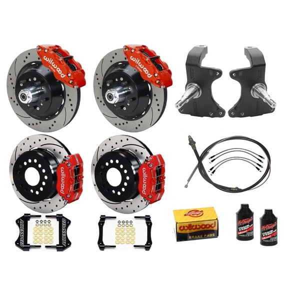 Wilwood SL6R 14" Front & DPR 11" Rear Brake Kit with 2" Drop Spindle, Red, Drilled Fits 1964-1974 GM A/F/X, 12 Bolt Rear with C-Clips 2.75/2.81" Offset