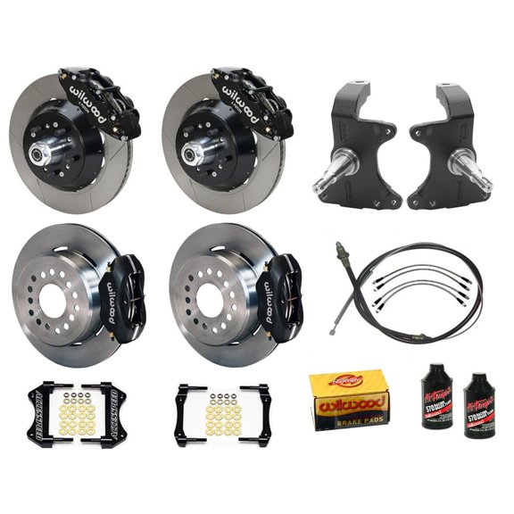 Wilwood SL6R 14" Front & FDL 12" Rear Big Brake Combo With 2" Drop Spindle P-Brake Cable Brake Lines & Fluid Black Fits 1964-1974 GM A/F/X Body BOP Axle 2.75" Bearing 2.75" Offset Staggered