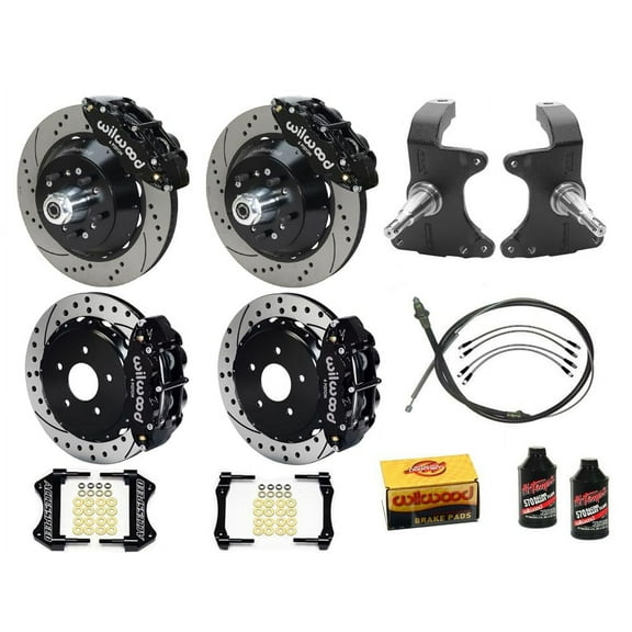 Wilwood SL6R 14" Front & SL4R 13" Rear Big Brake Kit Combo With 2" Drop Spindle PB-Cable Brake Lines & Fluid Drilled Black Fits 1964-1974 GM A/F/X Body 12 Bolt OE C-Clip 2.75" Offset Stagger Mount