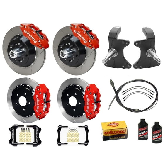 Wilwood SL6R 14" Front & SL4R 13" Rear Big Brake Kit Combo With 2" Drop Spindle PB-Cable Brake Lines & Fluid Slotted Red Fits 1964-1974 GM A/F/X Body 12 Bolt OE C-Clip 2.81" Offset Staggered-Mount