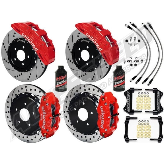 Wilwood SX6R 15" Front & Forged Narrow Superlite 14" Rear Big Brake Combo With Red Calipers Drilled Rotors Stainless Brake Lines & Brake Fluid Fits 2016-2019 Camaro SS