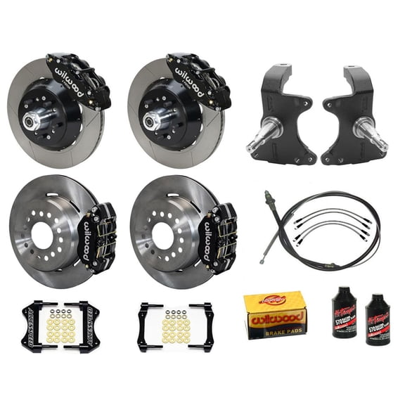 Wilwood Superlite 14" Front & Dynapro 11" Rear Big Brake Combo With 2" Drop Spindle PB-Cable Brake Lines & Fluid Front Slotted Black For 1964-1974 GM A/F/X Body, BOP Axle 2.75" Bearing 2.75 Offset