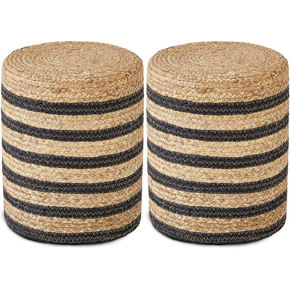 Wimarsbon 2Pcs Pouf Ottomans, Natural Seagrass Foot Stool, Hand Weaving Round Ottoman, Boho Decorative Seat, Jute Braided Pouffe Poof Accent Sitting Footrest for Living Room (Water Hyacinth-Black)