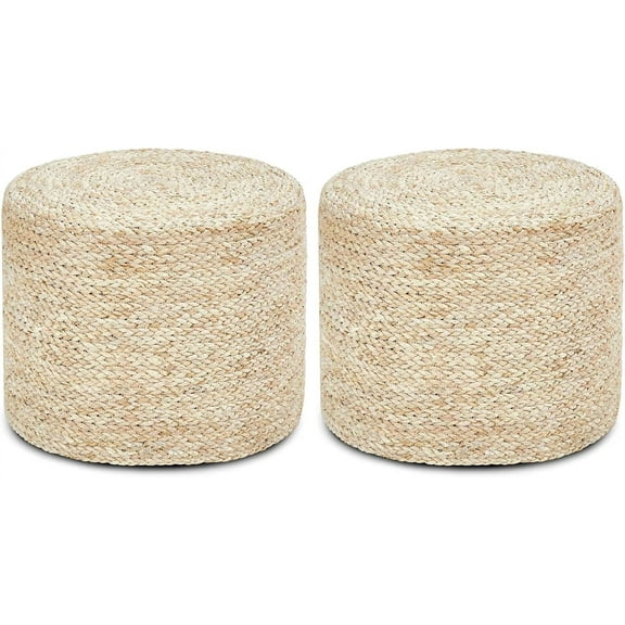 Wimarsbon 2Pcs Pouf Ottomans, Natural Seagrass Foot Stool, Hand Weaving Round Ottoman, Boho Decorative Seat, Jute Braided Pouffe Poof Accent Sitting Footrest for Living Room (18inch Corn Shell)