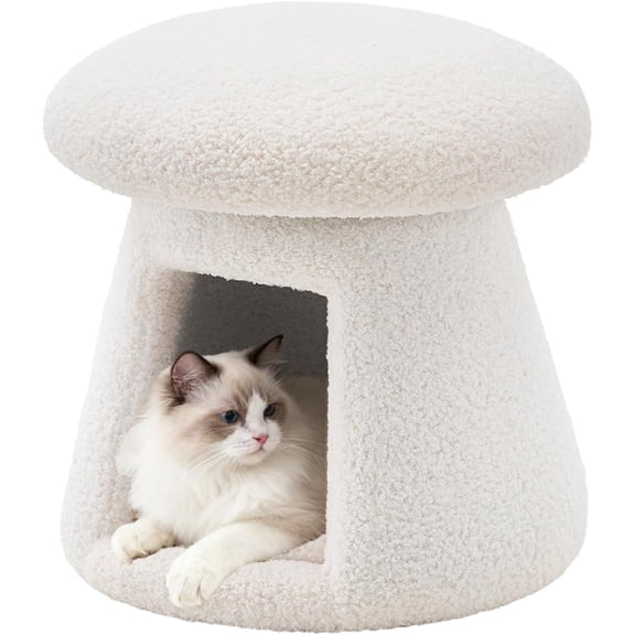 Wimarsbon Mushroom Ottoman, Multifunctional Teddy Velvet Footrest with Wood Frame, Round Vanity Chair with Cozy Hideaway Bed for Small Pets Suitable for Living Room, Bedroom, and Entryway (White)