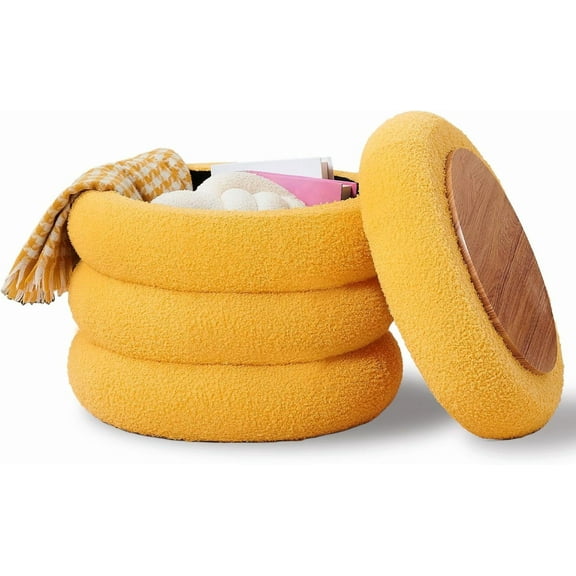 Wimarsbon Round Storage Ottoman, Modern Sherpa Footstool, Teddy Vanity Stool with Flip-Top Tray, Makeup Chair for Home Decor, Upholstered Footrest for Living Room & Bedroom (Yellow)