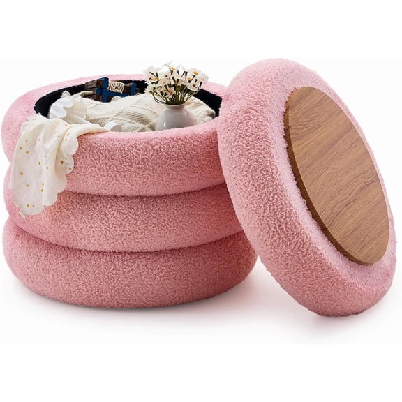 Wimarsbon Round Storage Ottoman, Modern Sherpa Footstool, Teddy Vanity Stool with Flip-Top Tray, Makeup Chair for Home Decor, Upholstered Footrest for Living Room & Bedroom (Pink L)
