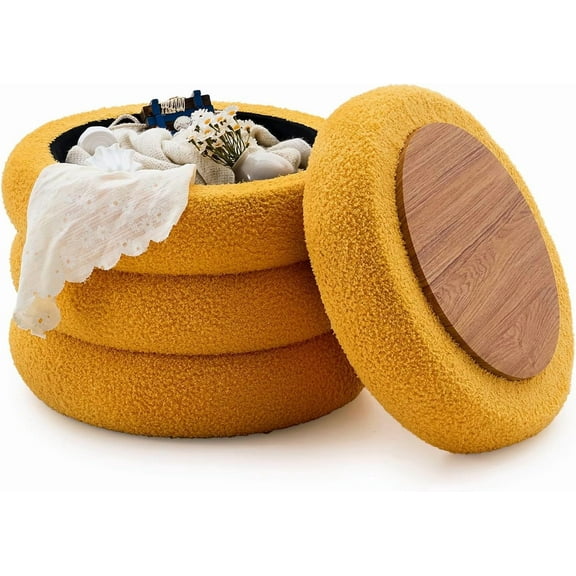 Wimarsbon Round Storage Ottoman, Modern Sherpa Footstool, Teddy Vanity Stool with Flip-Top Tray, Makeup Chair for Home Decor, Upholstered Footrest for Living Room & Bedroom (Yellow)