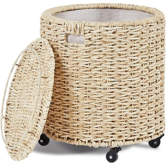Wimarsbon Vintage Storage Basket, Multipurpose Rolling Hamper With Brakable Wheels and Lid, Braid Laundry Bin, Handwave Clothes Toy Organizer Tote for Living Room