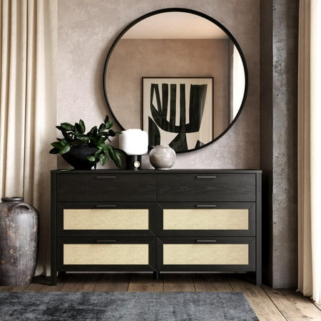 Wimberly 6-Drawer Dresser, Black Oak with Fuax Rattan