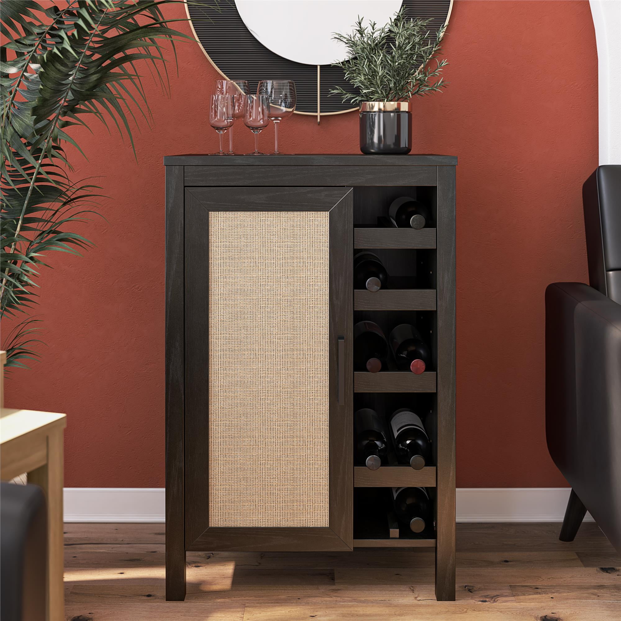 Wimberly Black Oak and Faux Rattan Bar Cabinet