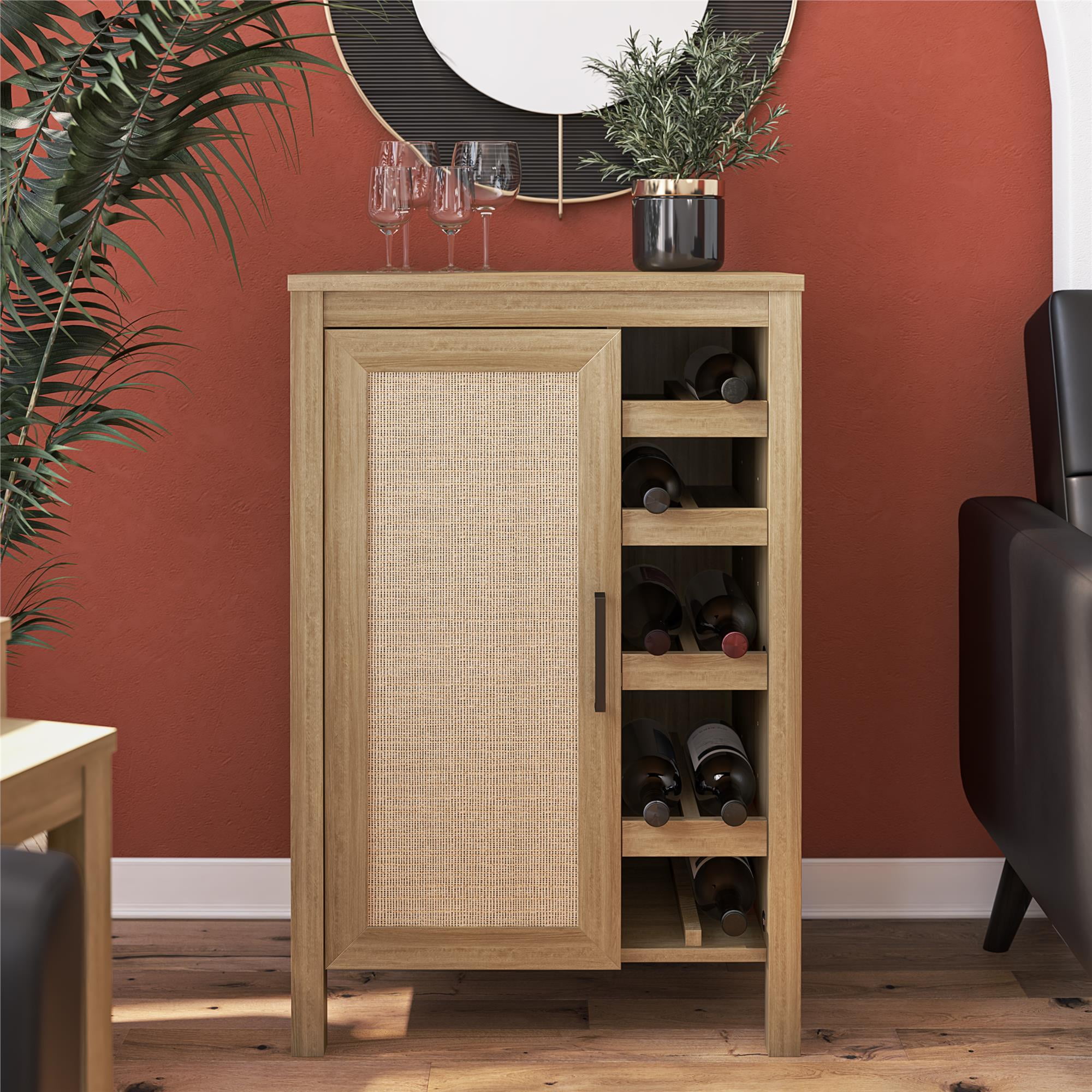 Natural MDF Bar Cabinet with Faux Rattan Door and Steel Handle
