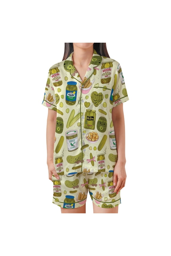 Wimbledon Tennis Satin Pajama Set for Women, Short Sleeve Button Down Top and Shorts, Lightweight Summer Sleepwear, Cute Printed Tennis Racket and Ball Loungewear Medium