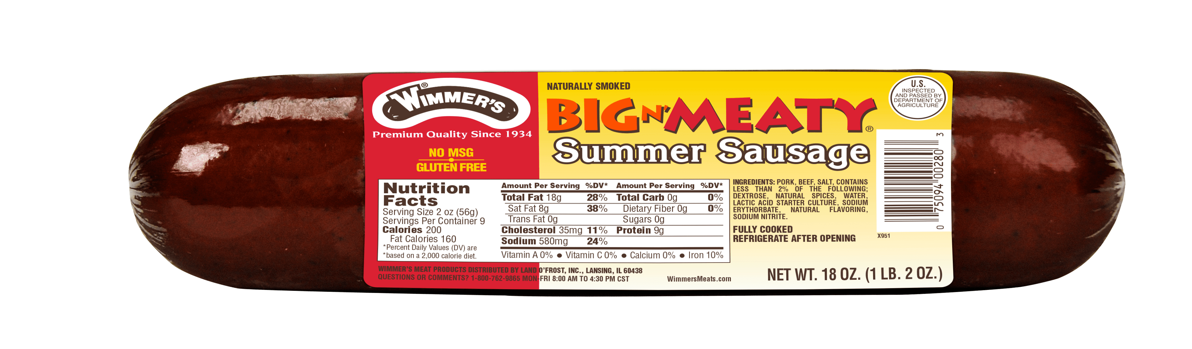Wimmer's Big N' Meaty Summer Sausage, 18 oz (Pack of 1), Vacuum Sealed
