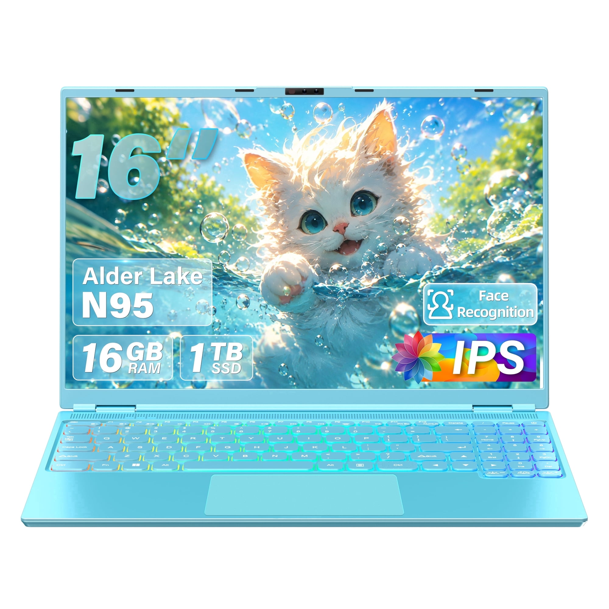 Rumtuk 16" Blue Laptop Computer,DDR4 16GB RAM,1TB SSD,Win 11 Pro/Office 2019,Celeron N95 (up to 3.4GHz),RGB Backlit KB,Face Unlock,USB3.0/HDMI/WiFi/BT,Notebook PC for Office,Students, Leisure