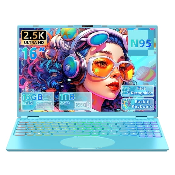 【Win 11 Pro/Office 2019】16" Blue Ultra-Narrow Bezel Laptop, DDR4 16GB RAM, 1TB SSD, 2.5K QHD IPS (2560x1600),Celeron N95 (3.4GHz),,Color Backlit KB, Face Unlock, USB3.0/HDMI/WiFi/BT, PC Notebook